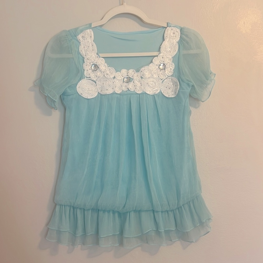 JK Designs Aqua Chiffon Peasant Blouse with White Rosette Detail